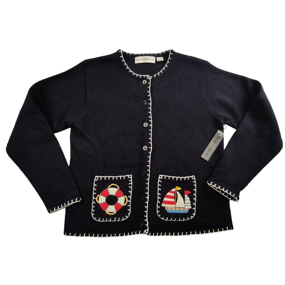 New Marisa Cristina Women's Navy Cardigan Nautical /Lighthouse Sailing Size M